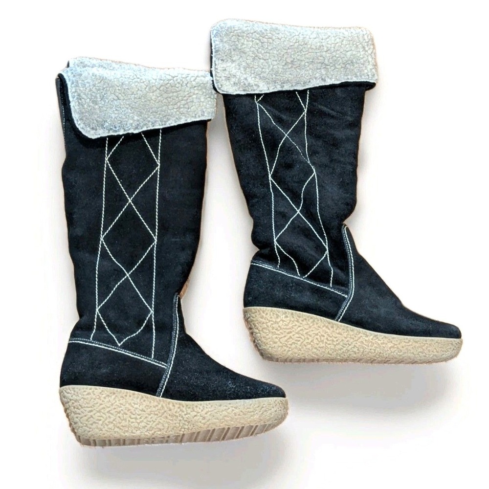 Y2K‎ Boho Festival Oh Deer Envy Tall Boots Black Leather Wedge Fold Over Size 7M